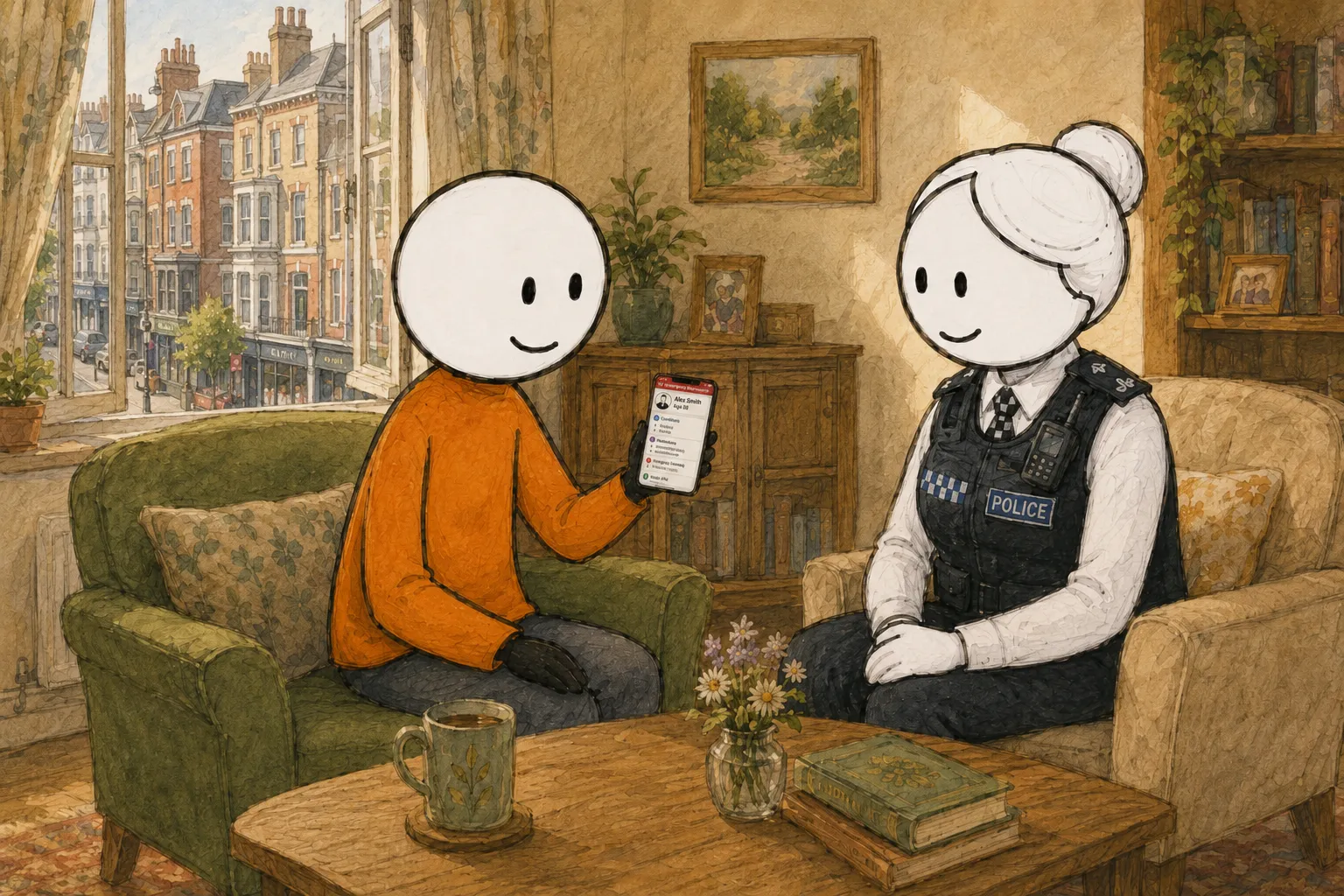 A police officer sitting in an armchair in a living room, talking with a person who is holding out a phone showing the ICE Jar app